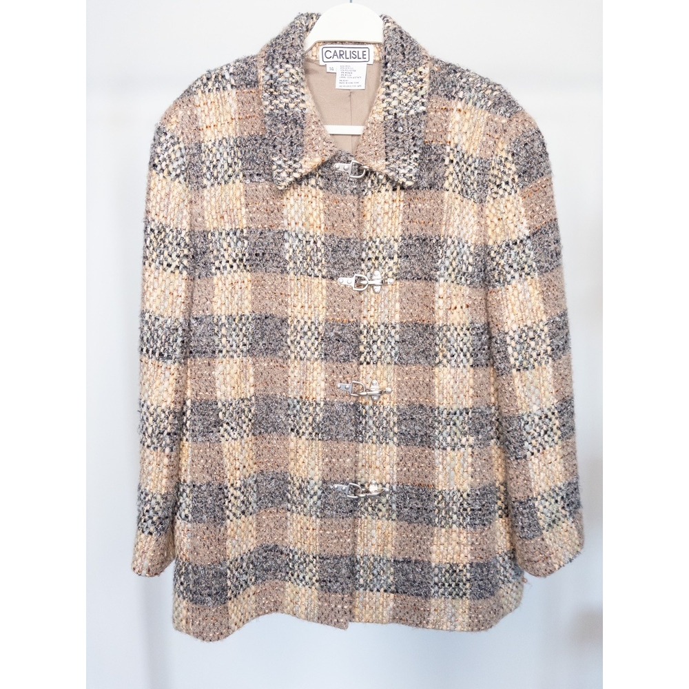 Carlisle Vintage Wool Mohair Blend Plaid Toggle Jacket Tan Grey Womens 14‎